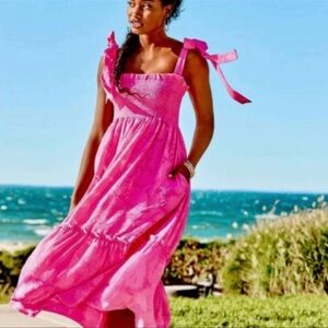 Lilly Pulitzer Rivera Midi Dress Cockatoo Pink Bow Ties Pockets Size Large